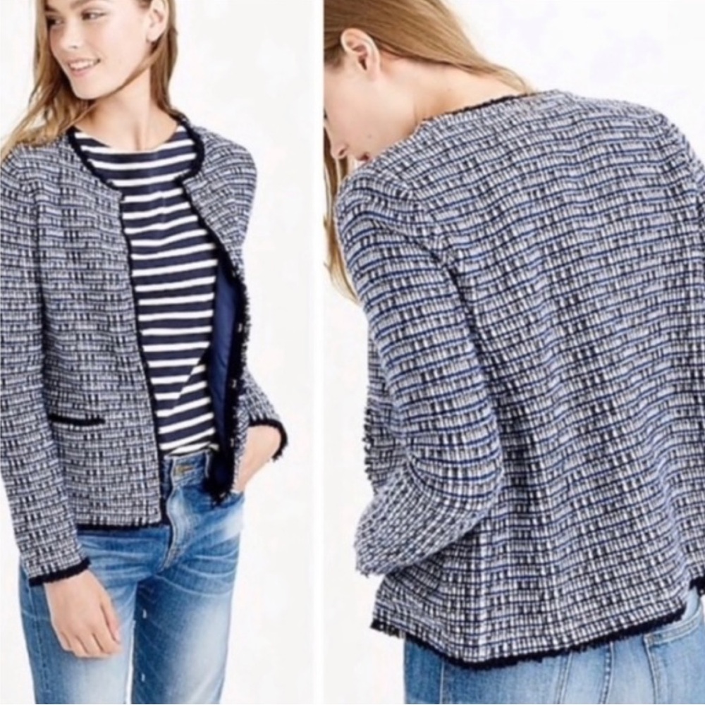 J.Crew Tweed Pattern Blue Lady Jacket with Fringe‎ Size XS